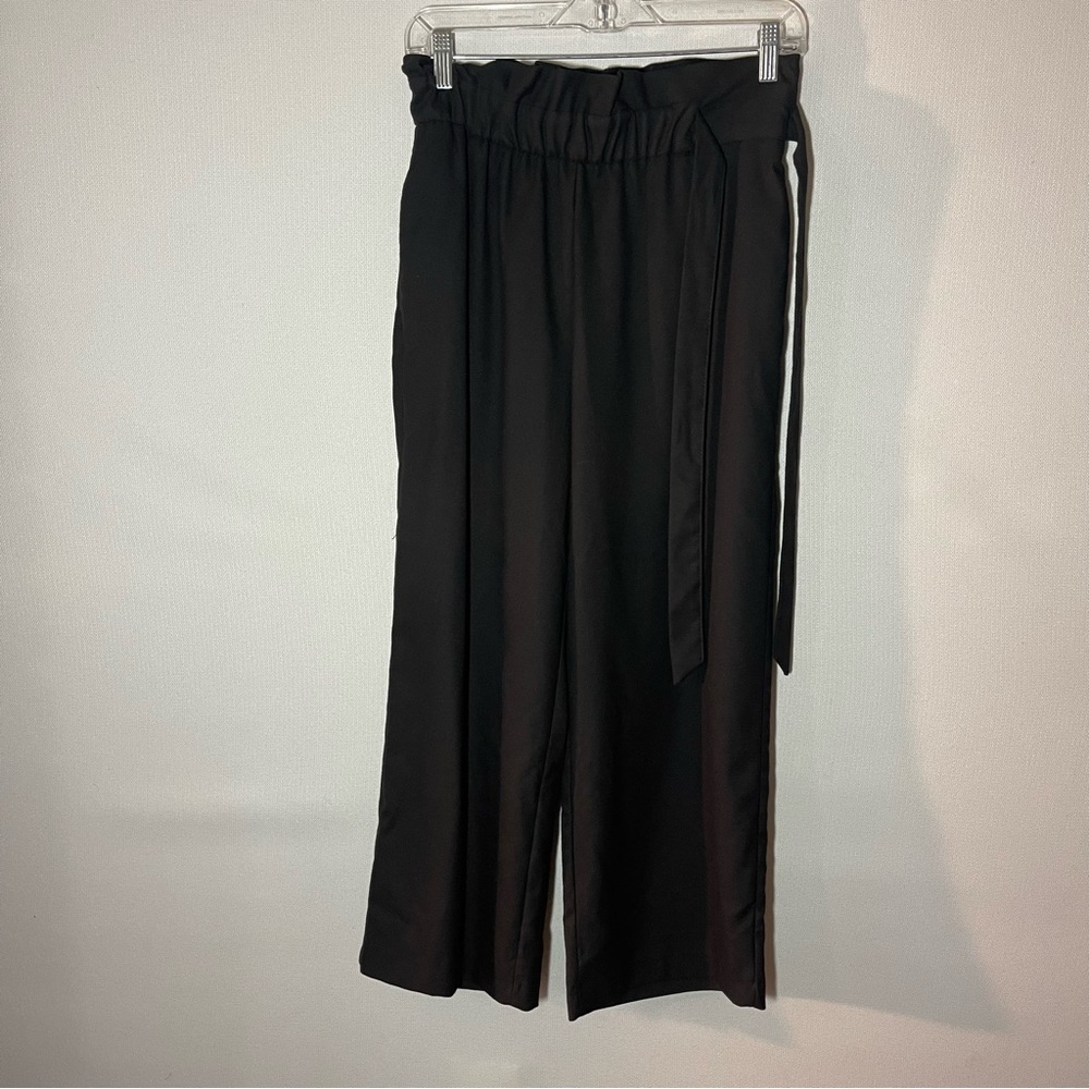 Zara TRF Black High-rise Wide-leg Elastic-waist Cropped Pants Waist-tie Med NWT